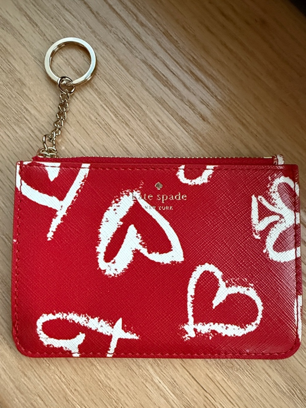 kate spade Red and White Heart Print Card Pouch with Key Ring